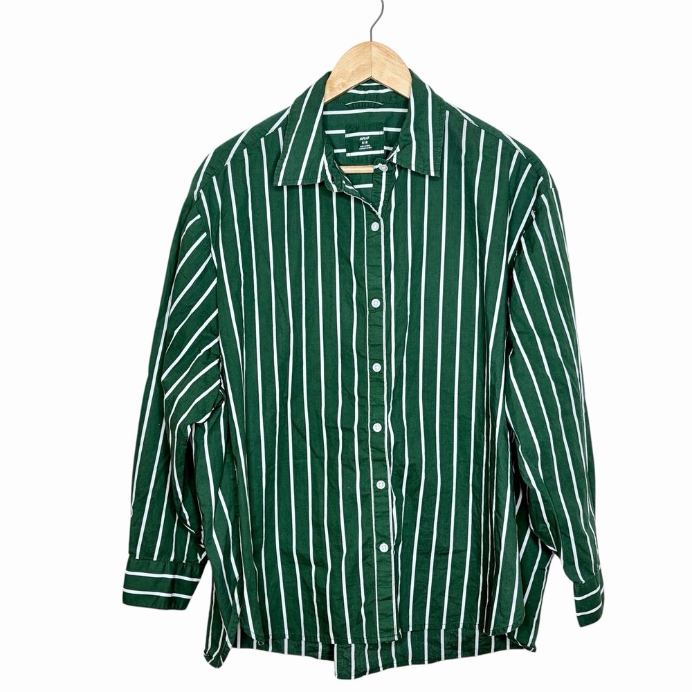 Aerie Good Day Button Down Shirt Green Striped Womens Size M Poplin Oversized
